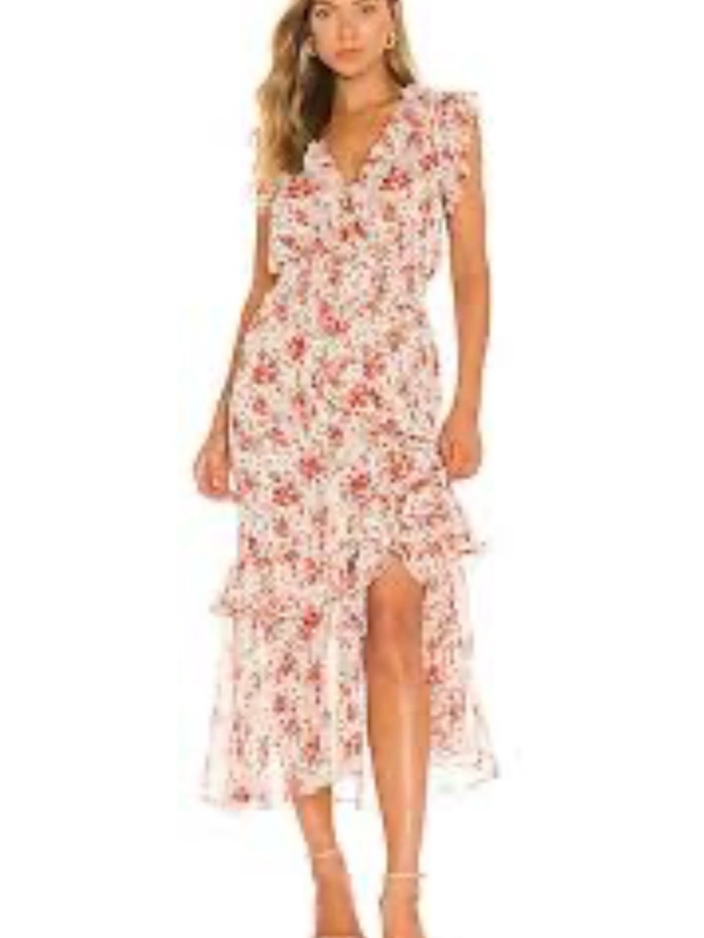 💕 MISA Los Angeles - Kadida Dress - Floral Ruffle Midi Dress in Cream & Pink XS